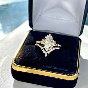 1ct Vintage Engagement Ring, Moissanite Ring, Marquise Engagement Ring, Wedding Ring Set, Art Deco Contour Diamond Matching Band, Halo Ring