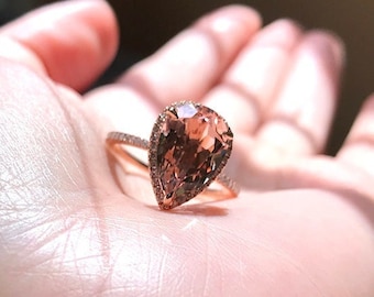 3ct Pear Cut Morganit Verlobungsring, Morganit Ring, 14k Rose Gold Ring, Birne Verlobungsring, Halo Verlobungsring, Diamant Ring