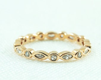 Vintage Style Diamond Wedding Band: 14k Rose Gold Marquise Ring
