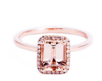 1.5ct Emerald Cut Morganite Ring, Halo Engagement Ring, Rose Gold Ring