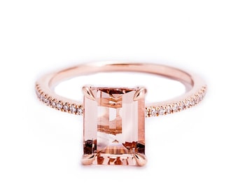 1.5ct Emerald Cut Morganite Engagement Ring, Rose Gold Morganite Ring, Pave Diamond Ring