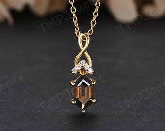 14K Solid Gold Lange Hexagon Rauchquarz Halskette: Diamant Anhänger Infinity Schmuck Geschenk für Sie