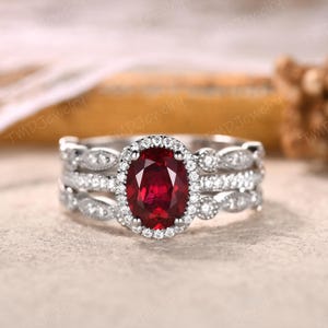 Vintage Oval Cut Red Ruby Engagement Ring Set Diamond Enhancer Wedding Band Set Platinum Ring