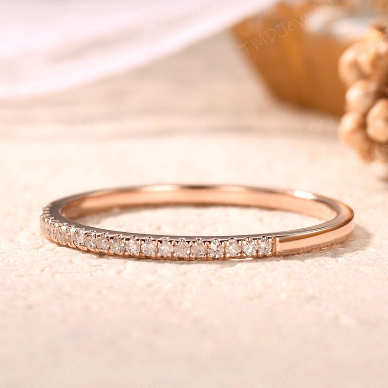 Minimalist Ring, Pave Diamonds, Stackable Diamond, Half Eternity Band, Matching band,14k Solid Rose Gold Ring image 3