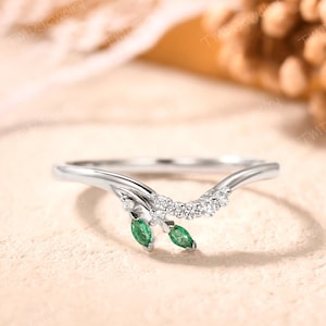 Contour Marquise Emerald Wedding Band,14k White Gold,Unique Asymmetrical diamond Wedding Ring,Matching Wedding Band,Promise Ring Gift