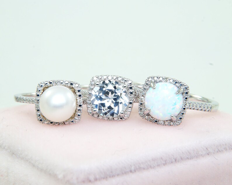 Cushion Halo December Birthstone Ring Genuine Topaz Ring Sterling Silver Ring Sky Blue Topaz