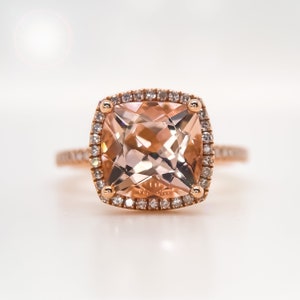 Cushion Morganite Ring, Rose Gold Ring, Pink Morganite, Diamond Halo