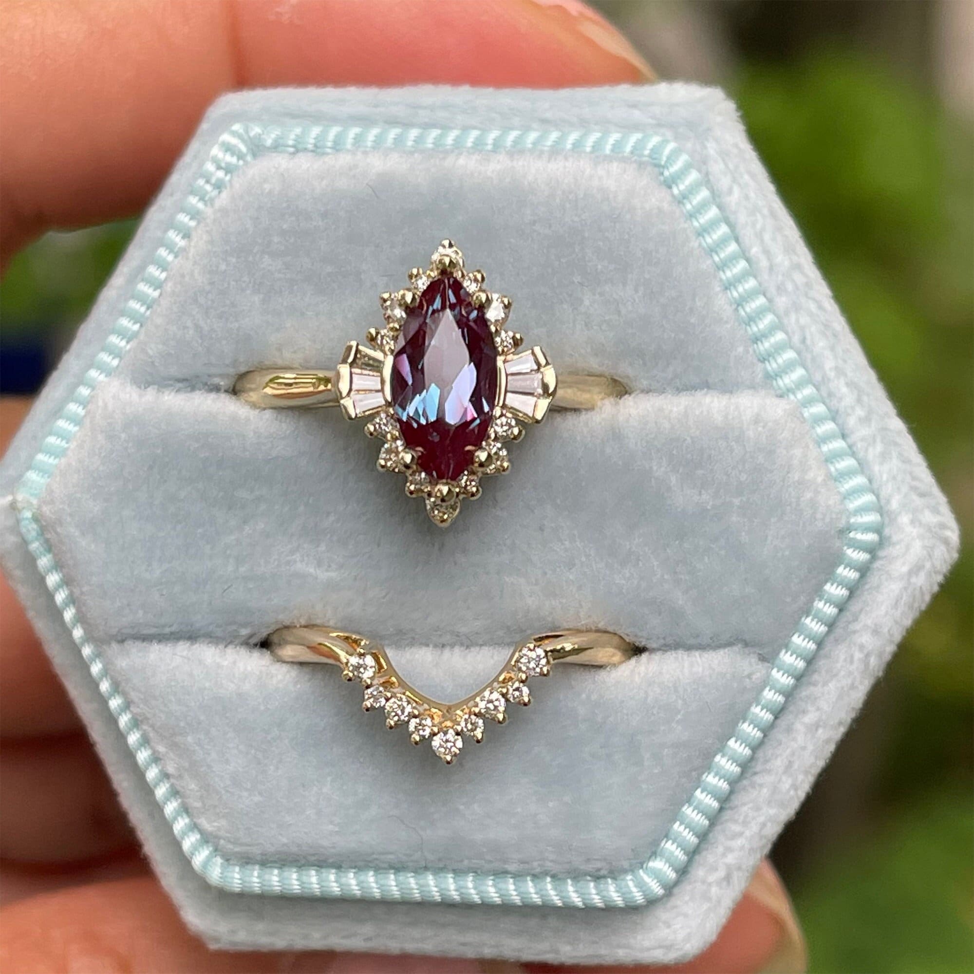 Unique Alexandrite Ring Set,Marquise Alexandrite Engagement Ring,Vintage Diamond Ring Art Deco Bridal Set,Contour Wedding Band,Promise Gift
