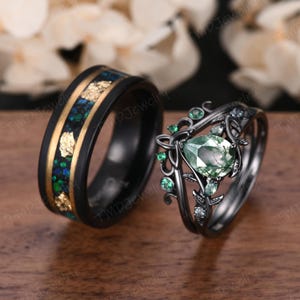 Gothic Pear Moss Agate Couples Ring Black Gold Matching Ring Set His and Hers Wedding Band Mens Opal Ring Promise Ring For Men For Women