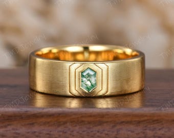 Anillo de boda para hombre de ágata musgosa de 7 mm con corte hexagonal, anillo de compromiso de ágata verde, acabado cepillado, oro macizo, apilable