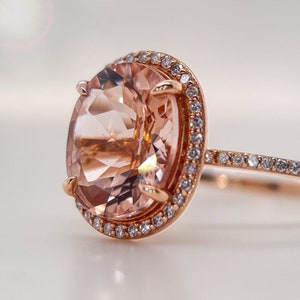 5ct Oval Morganite Engagement Ring, Pink Peach Morganite Ring, Pave Diamond Halo Ring, 14k Rose Gold