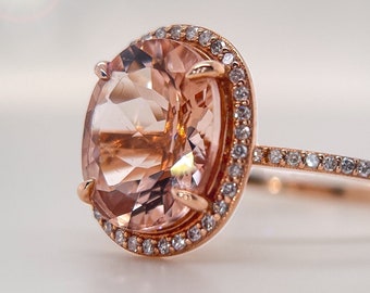 5ct Oval Morganite Engagement Ring: Diamond Halo, 14k Rose Gold