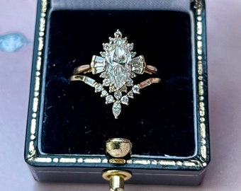 VVS2 Diamond Engagement Ring 14K Yellow Gold, Marquise Vintage Bridal Set, IGI Certified Lab Diamond, Diamond Wedding Ring Set, Art Deco