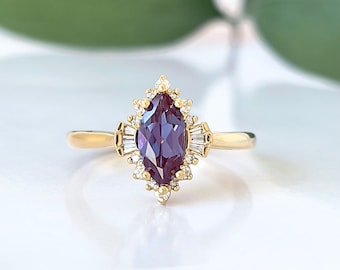 Alexandrite Marquise Ring, Vintage Ring Marquise Engagement Ring, Chatham Alexandrite Ring, Rose Gold Ring