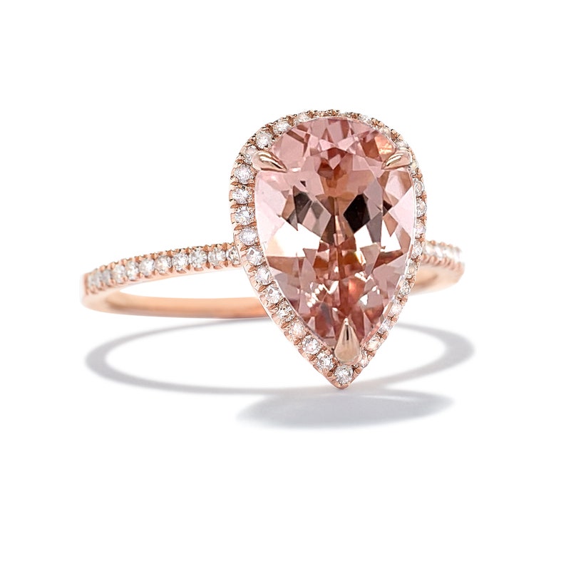 3ct Pear Cut Morganite Engagement Ring, Morganite Ring, 14k Rose Gold Ring, Pear Engagement Ring, Halo Engagement Ring, Diamond Ring image 3