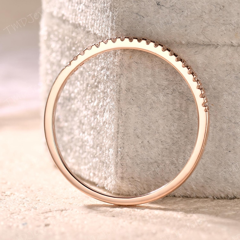 Minimalist Ring, Pave Diamonds, Stackable Diamond, Half Eternity Band, Matching band,14k Solid Rose Gold Ring image 6