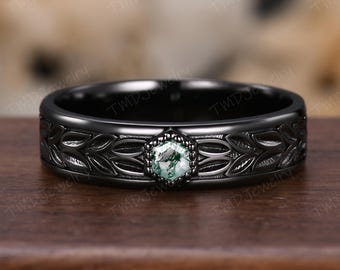 3/4 Eternity Hexagon Moss Agate Leaf Wedding Band Unisex Black Gold Ring Nature Inspired Promise Bridal Ring Custom Jewelry Rings For Men