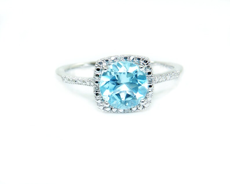 Cushion Halo December Birthstone Ring Genuine Topaz Ring Sterling Silver Ring Sky Blue Topaz