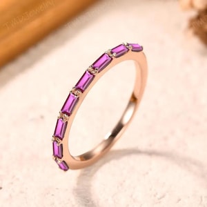 Unique Baguette Red Ruby Ring: 14K Solid Rose Gold Stackable Matching Wedding Band Gift