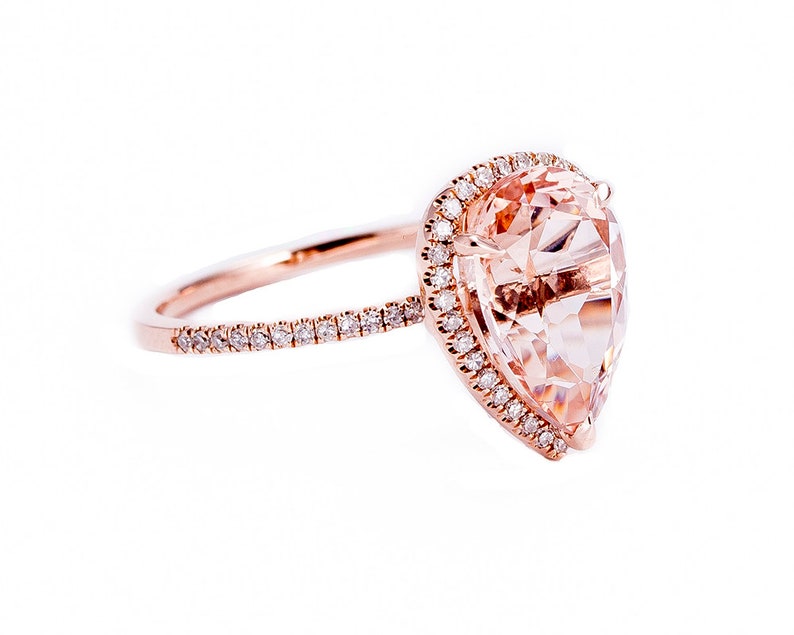 3ct Pear Cut Morganite Engagement Ring, Morganite Ring, 14k Rose Gold Ring, Pear Engagement Ring, Halo Engagement Ring, Diamond Ring image 7
