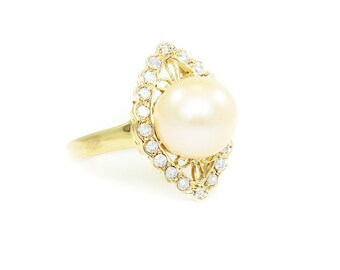 Marquise Ring, Pearl Ring, Diamond Ring, Fresh Pearl Ring, June Birth Stone