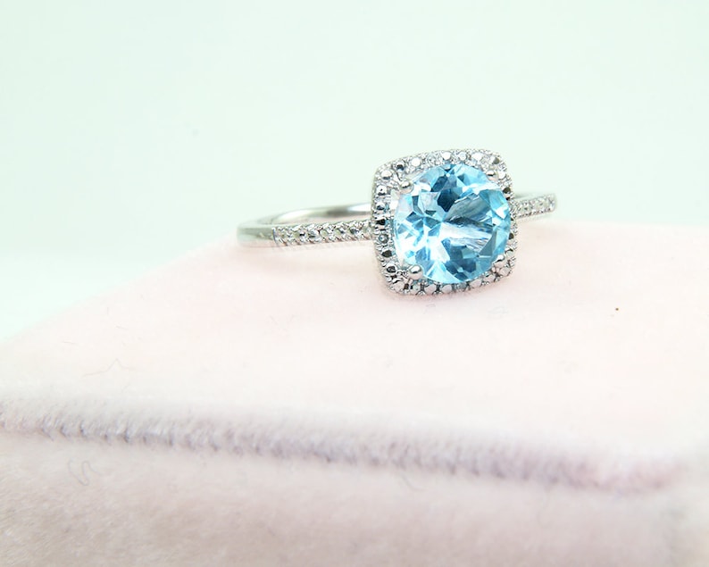 Cushion Halo December Birthstone Ring Genuine Topaz Ring Sterling Silver Ring Sky Blue Topaz