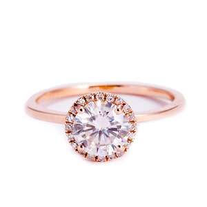 Moissanite Ring, Rose Gold, Engagement Ring, Charles & Colvard, Conflict Free Diamond, Halo Engagement ring