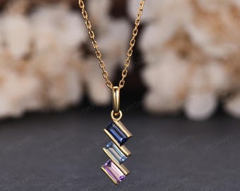 Dainty Baguette Blue Sapphire Topaz Amethyst Necklace,Family Birthstone Necklace,Personalized Gift,Mother&#39;s Jewelry,Promise Gift For Her