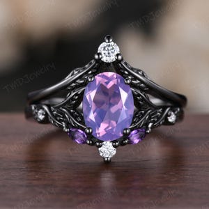 Vintage Oval Cut Lavender Amethyst Engagement Ring Black Gold Art Deco Cluster Leaf Nature Inspired Diamond Bridal Wedding Ring Set Women