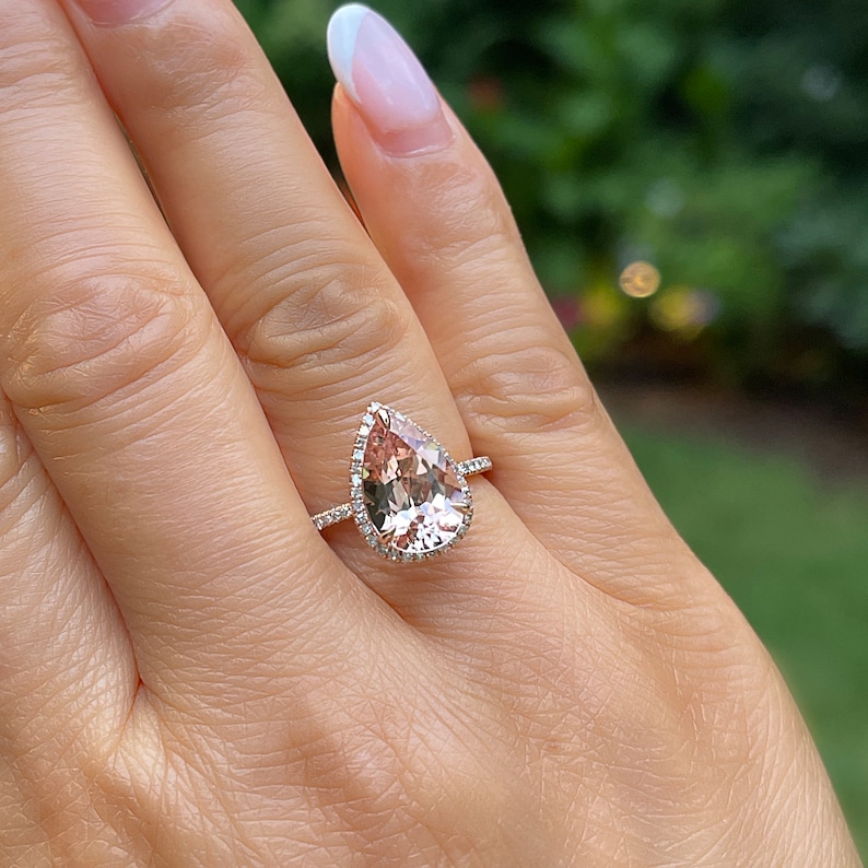 3ct Pear Cut Morganite Engagement Ring, Morganite Ring, 14k Rose Gold Ring, Pear Engagement Ring, Halo Engagement Ring, Diamond Ring image 4