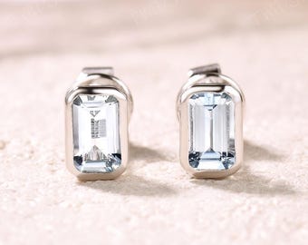 Dainty Baguette Aquamarine Stud Earrings: 9k White Gold Minimalist Jewelry
