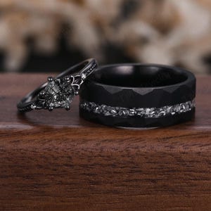 Gothic Hexagon Black Quartz Couple Ring Set Unique Black Rings His and Hers Wedding Band Mens Meteorite Tungsten Ring Couples Promise Ring