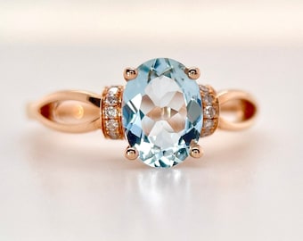 Oval Aquamarin Ring, Diamant Akzent Verlobungsring, 14K Roségold, März Geburtsstein, Oval Aquamarin, Vintage