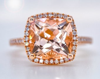 Rose Gold Morganite Halo Engagement Ring: Cushion Cut Diamond Accent