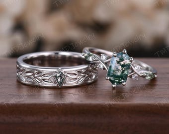 Natural Inspired Hexagon Moss Agate Couples Ring 925 Silver Stack Matching Ring Set His and Hers Wedding Ring Promise Band Anniversary Gifts