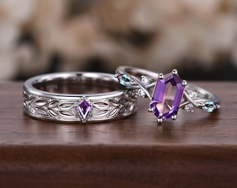 Hexagon Amethyst Couples Ring Set: 925 Silver Matching Wedding Bands