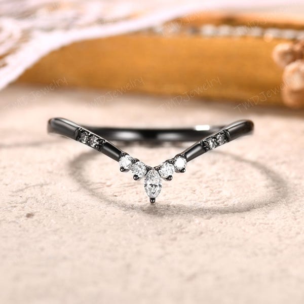 Dainty Moissanite wedding band Art Deco V Curved Diamond wedding band Stacking Matching Band Bridal Promise Anniversary Gift Black Gold Ring