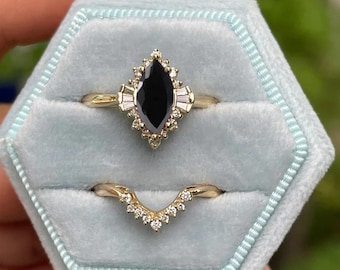 Anillo de compromiso Art Déco con ónix negro y marquesa: regalo de anillo nupcial vintage con diamantes.