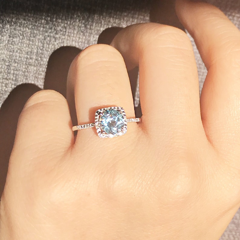 Cushion Halo December Birthstone Ring Genuine Topaz Ring Sterling Silver Ring Sky Blue Topaz
