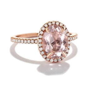Oval Morganite Ring, Rose Gold Ring, Diamond Halo Ring, Pink Peach Morganite