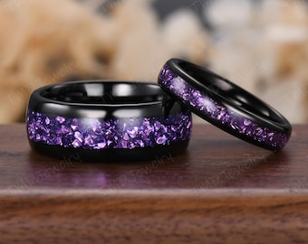 Galaxy Purple Amethyst Wedding Ring Set, Personalized Black Tungsten Ring for Couples,Stacking Matching Promise Rings,Custom Gift