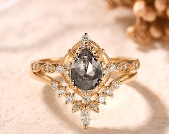 Teardrop Shaped Salt and Pepper Diamond Engagement Ring 14K Solid Gold Diamond Cluster Bridal Set 2pcs Stacking Wedding Rings Chevron Band