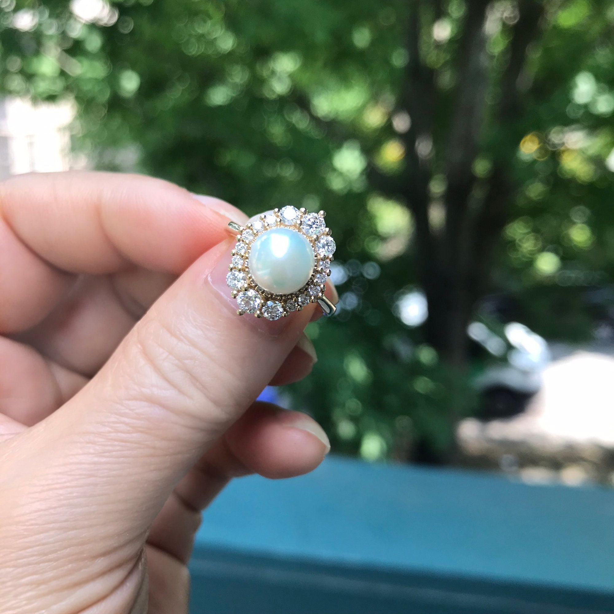 Pearl Engagement Ring Diamond Halo Ring Double Halo Ring Pearl
