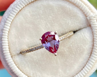 Vintage Pear Alexandrite Engagement Ring, 14k Gold, June Birthstone