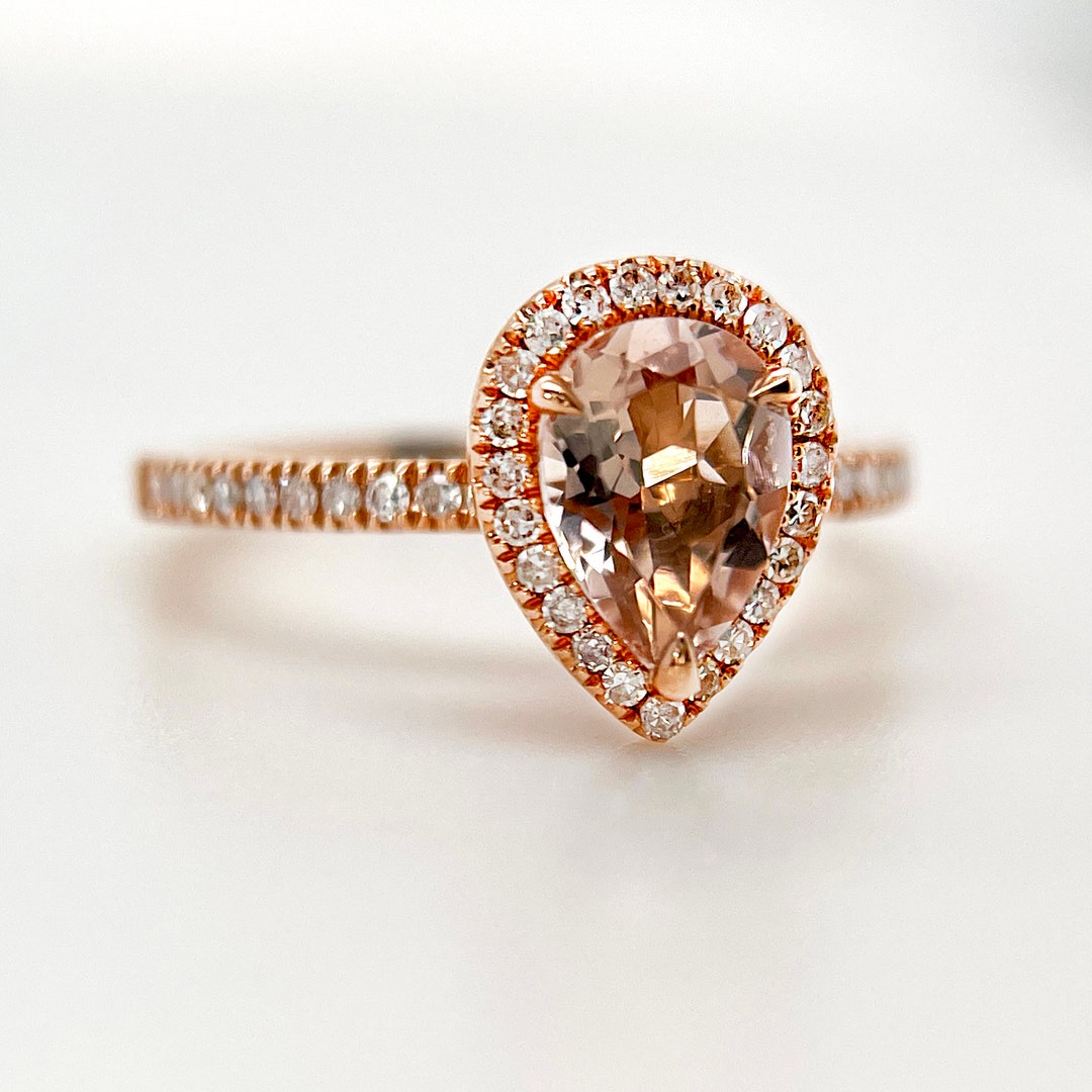Pear Cut Morganite Halo Ring: 14k Rose Gold Diamond Engagement Ring - Etsy
