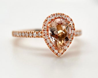 8x6mm/1.2ct Pear Cut Morganite Halo Ring, Pear Engagement Ring, Peach Morganite, Rose Gold Ring, Diamond Halo Ring