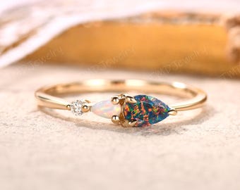 Vintage Black Fire Opal Engagement Ring,Pear Cut Gems,Art Deco Moissanite Wedding Band,3 Stone Custom Ring,Unique Women Bridal Promise Ring