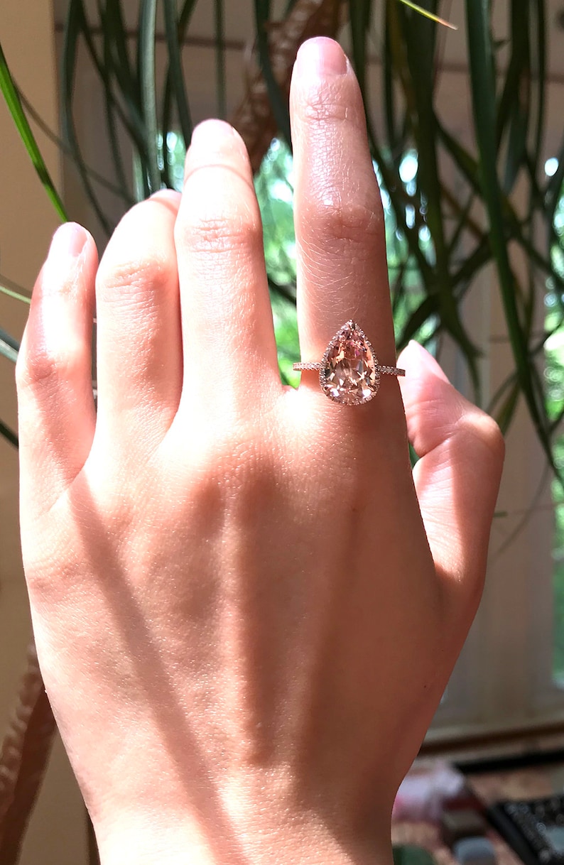 3ct Pear Cut Morganite Engagement Ring, Morganite Ring, 14k Rose Gold Ring, Pear Engagement Ring, Halo Engagement Ring, Diamond Ring image 2