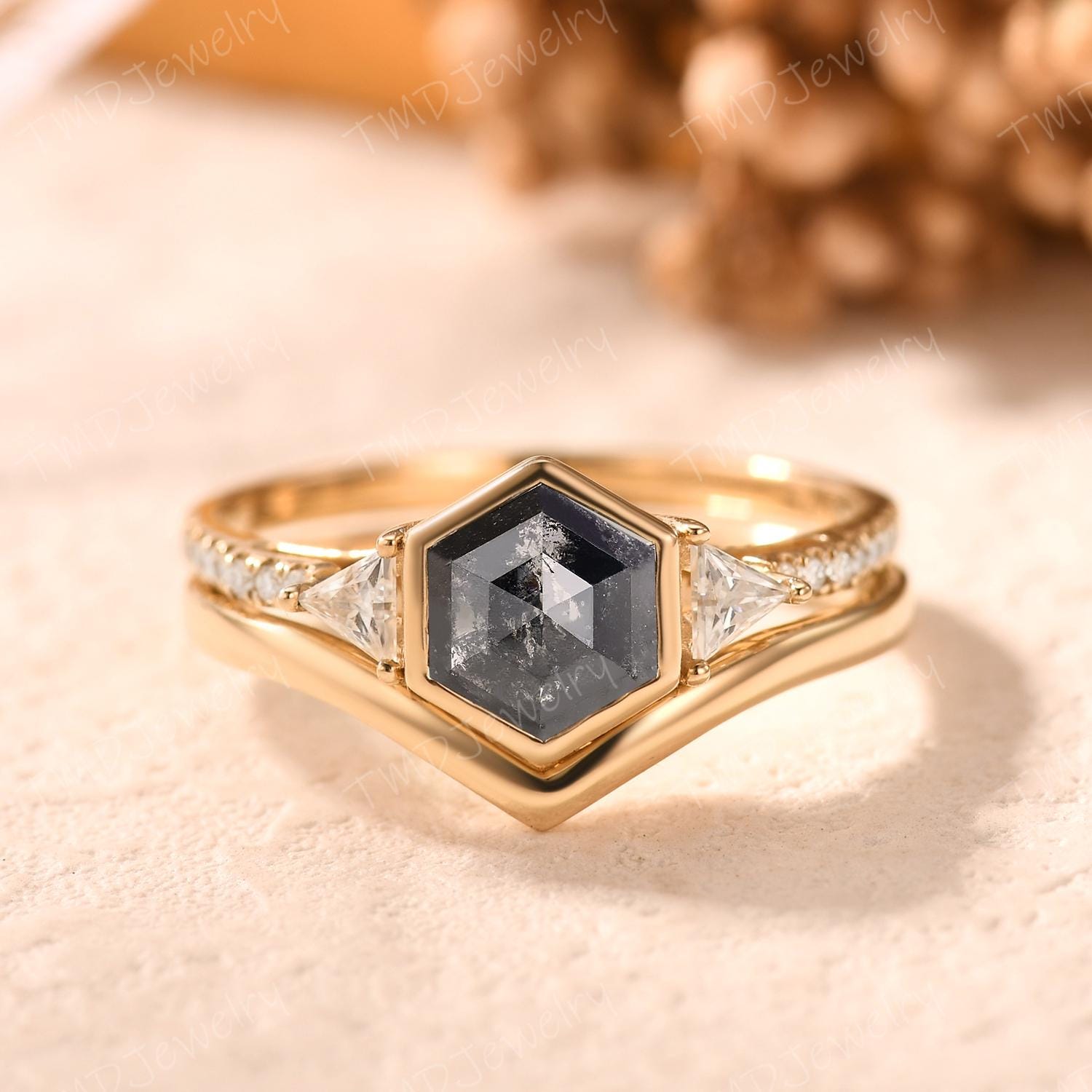 Art Deco Hexagon Cut Salt And Pepper Diamond Engagement Ring Set,Triangle Moissanite Wedding Band,Gray Diamond Promise Ring Bezel Setting