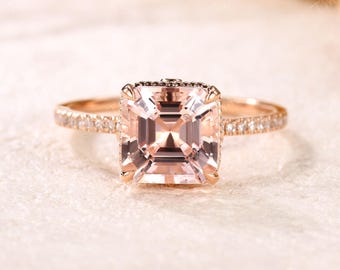Art Deco Asscher-geslepen perzik-morganietring: diamanten roségouden trouwring